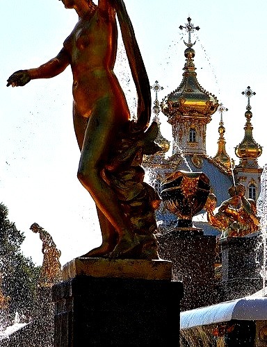 Golden statues of Peterhof Palace in Saint Petersburg, Russia