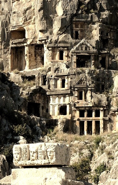 The lycian rock-cut tombs of Myra, Turkey